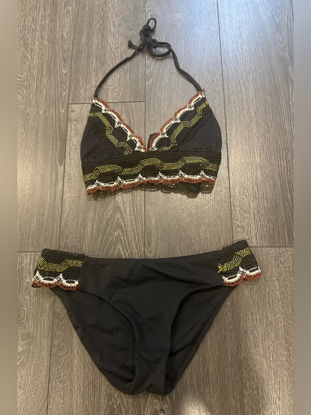 BECCA Black Bikini with Green, White and Rust Crochet Trim